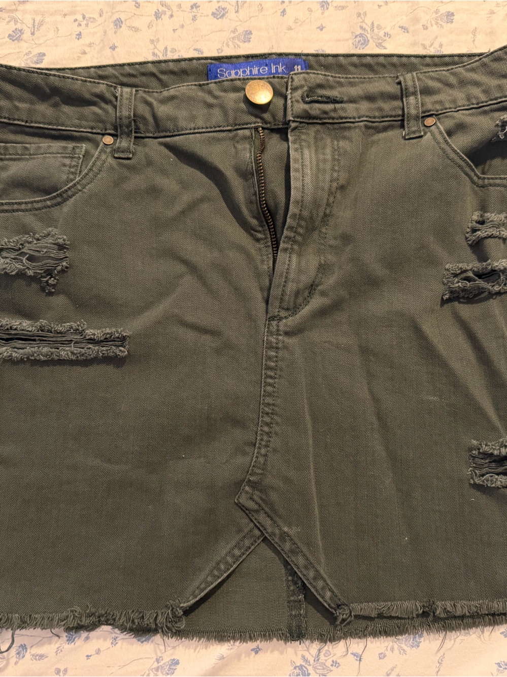 Distressed Olive Green Denim Mini Skirt